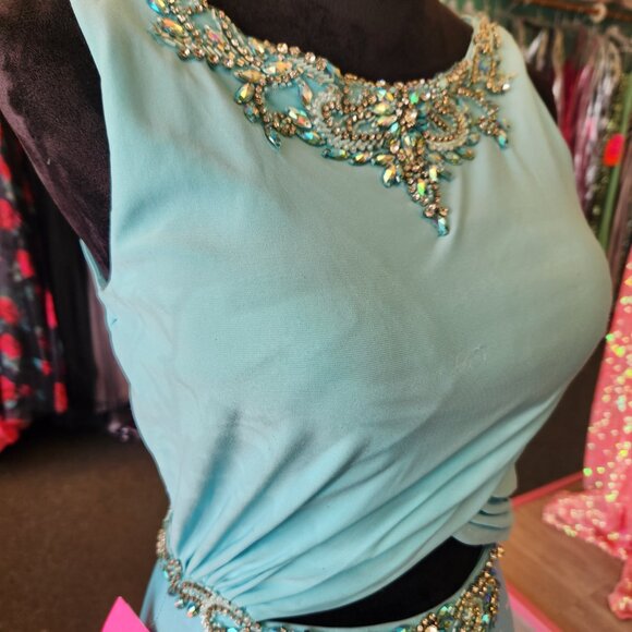 Envious 17119 Size 6 Aqua/Ivory Jersey Knit Print Prom Dress Evening Formal - Picture 4 of 9